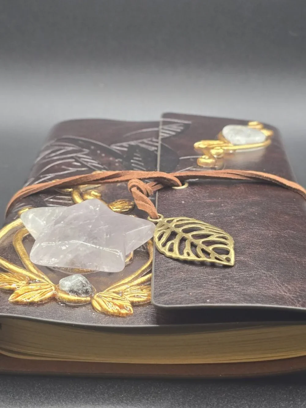 Dark Brown Faux Leather Journal | Rose Quartz Star, Clear Quartz & Amethyst